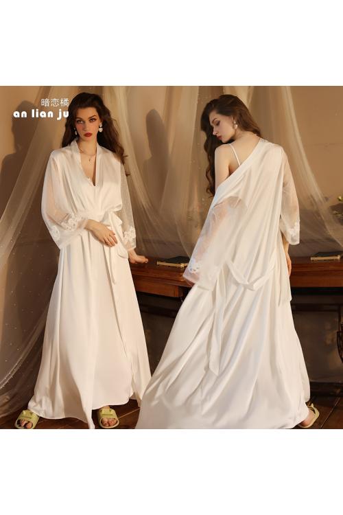 رداء نوم ساتان طويل مثير للأزواج - ملابس نوم أنيقة بنقوش دانتيل للنساء